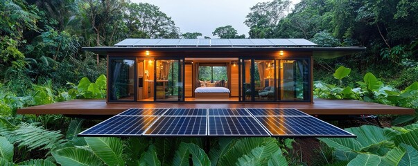Poster - Green living idea. A modern house surrounded by lush greenery, featuring solar panels and large glass windows.