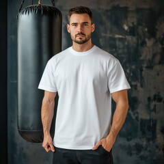 Wall Mural - Men's white t-shirt mockup. Handsome man in standing next to punching bag. Casual short sleeve shirt. Sport oversized tee template, indoor
