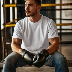 Wall Mural - Men's white basic t-shirt mockup. Handsome young man in boxing gloves sitting in gym. Boxer resting after training. Casual cotton short sleeve shirt. Sports crewneck natural tee mock up	