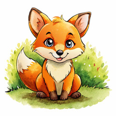 Wall Mural - Vector illustration of a baby fox on the grass on white background - Generative AI
