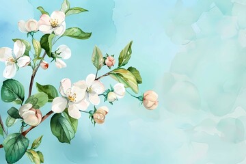 Poster - on the right is a botanical watercolor illustration of an apple tree branch with white flowers and green leaves on a blue pastel background with an empty space on the left