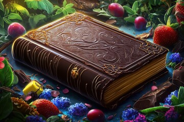 Aufkleber - A book with a gold embossed cover sits on a table with a variety of fruits