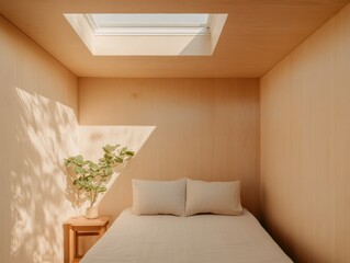 Aufkleber - Scandinavian Minimalist Tiny Home Compact Wooden Interior with Skylight and Foldable Furniture - Urban Micro-Living Solutions and Sustainable Residential Development
