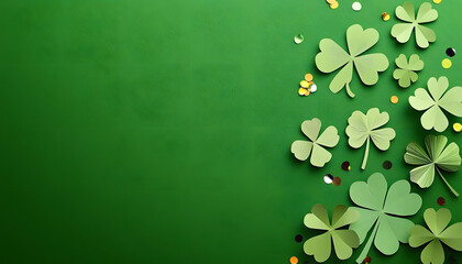Wall Mural - st patrick s day four leaf clover paper art on green background with confetti top view flat lay
