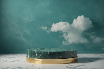 Wall Mural - Green marble podium with gold base in front of clouded background