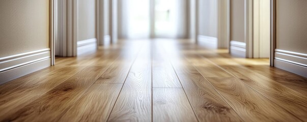 Poster - Natural lighting minimalist concept. A beautifully lit hallway showcasing elegant wooden flooring and soft natural light.