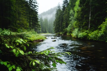 A tranquil river flows through a misty forest, showcasing vibrant green foliage and a peaceful atmosphere, perfect for evoking calmness and relaxation.