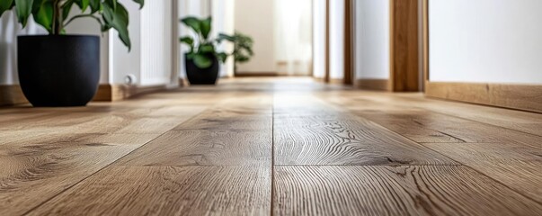 Aufkleber - Natural lighting minimalist concept. A bright hallway featuring wooden flooring and indoor plants for a refreshing ambiance.