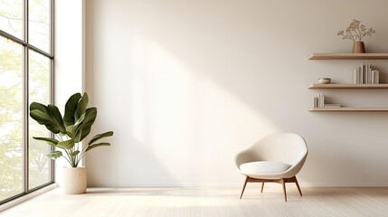 Poster - Natural lighting minimalist concept. Minimalist interior design featuring a cozy chair and a vibrant plant by a large window.