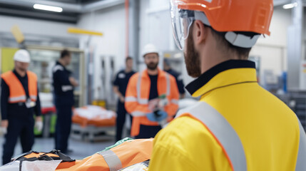 factory safety briefing: a focus on a worker in bright yellow safety jacket and orange helmet, atten