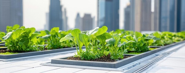 Poster - Green living idea. Urban rooftop garden with lush green plants thriving in city environment.
