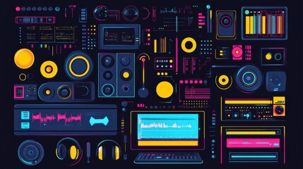 Poster - Colorful abstract representation of audio equipment and music production tools on a dark background