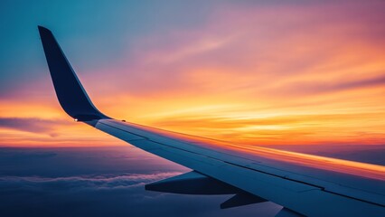 Wall Mural - silhouette of an airplane wing against a stunning sunset sky flight above the clouds