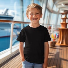 Wall Mural - Boy model mockup. Handsome little boy wearing black shirt standing on deck of yacht. Kids blank short sleeve t-shirt template. Children's casual shirt mockup, sea, ocean cruise vacation outdoors