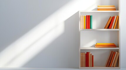Poster - Natural lighting minimalist concept. Bright bookshelf filled with colorful books casting shadows in a minimalist space.