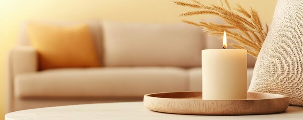 Poster - Eco-friendly materials minimalist idea. A soothing candle on a minimalistic table, creating a warm and cozy atmosphere.