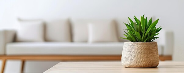Poster - Eco-friendly materials minimalist idea. A stylish indoor plant in a decorative pot, enhancing modern living space aesthetics.