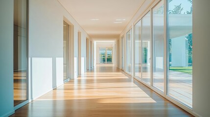 Poster - Natural lighting minimalist concept. Bright and spacious hallway with large windows and modern design, showcasing minimalism.