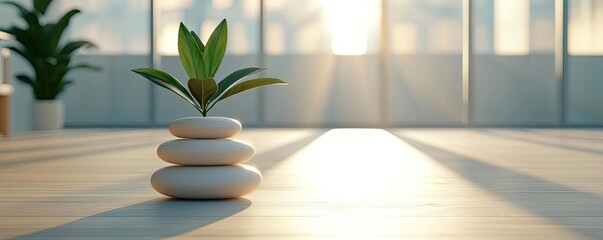 Poster - Natural lighting minimalist concept. A serene indoor plant with a rock base, illuminated by soft sunlight.