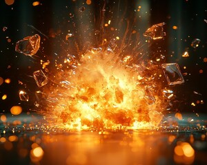 Poster - Explosive Slow Motion Blast Shattering Glass With Fiery Scatter and Radiant Luminous Chaos