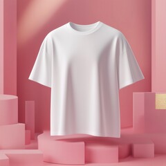 Wall Mural - White oversized t-shirt mockup. Short sleeve tshirt floating in the air, invisible model, pink background with geometric shapes. Unisex plain tee, blank template