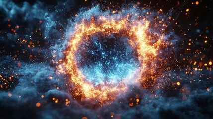Poster - Futuristic Bomb Mid Explosion Radiating Neon Blue Energy Waves with Scattering Glowing Metal Shards