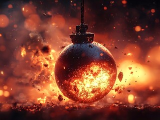 Poster - Slow Motion Bomb Explosion with Fiery Fragments Suspended in Air