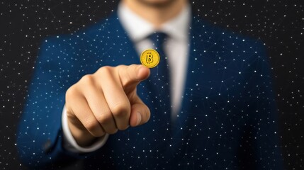 Poster - Businessman Holding Bitcoin Coin Against Digital Background