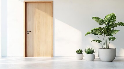 Aufkleber - Natural lighting minimalist concept. Modern interior with plants and wooden door, creating a serene atmosphere.