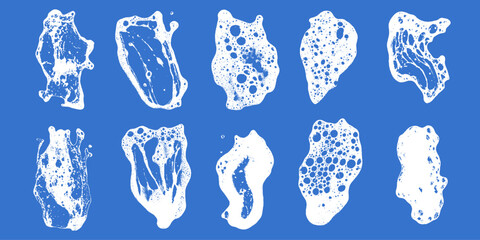 Poster - Soap texture foam with grunge stain set on blue background. Wash sponge and water overlay with shampoo bubble.