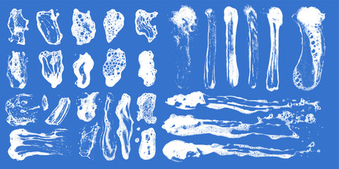 Poster - Soap texture foam with smear and splash in grunge set. Blue background wash with sponge and water overlay.