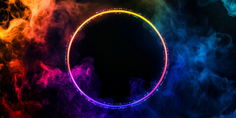 Poster - Rainbow round neon glowing frame with the spreading colorful smoke banner. Multicolored light and steam. Empty border, background.