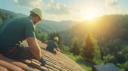 Roofing workers installing tiles at sunset mountain landscape construction natural environment close-up view hard work concept