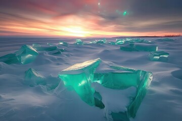 Wall Mural - crystalline arctic beach at dawn, pristine ice formations, aurora borealis dancing above, pastel pin