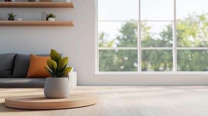 Poster - Natural lighting minimalist concept. A serene living space with a plant, natural light, and modern decor.