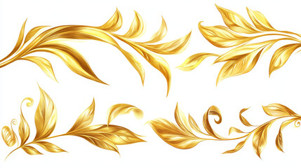 Vector set of gold wavy leaves isolated, plant branch line illustration, luxury foliage decoration. Vintage ornament elements, jungle, summer background