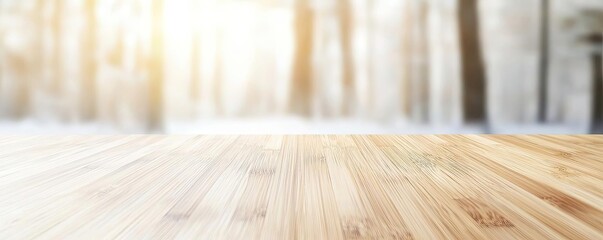 Poster - Eco-friendly materials minimalist idea. A wooden table with a serene winter forest background, evoking calm and tranquility.