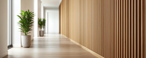 Leinwandbilder - Eco-friendly materials minimalist idea. Modern interior hallway with wooden walls and decorative plants in elegant pots.