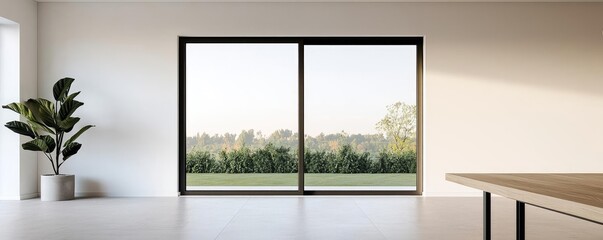 Aufkleber - Natural lighting minimalist concept. A modern interior with a large window showcasing lush greenery outside.
