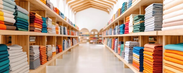 Aufkleber - Eco-friendly materials minimalist idea. A vibrant store aisle filled with neatly stacked colorful fabric rolls on wooden shelves.