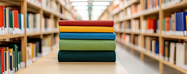 Aufkleber - Eco-friendly materials minimalist idea. A stack of colorful books on a table in a library, symbolizing knowledge and learning.