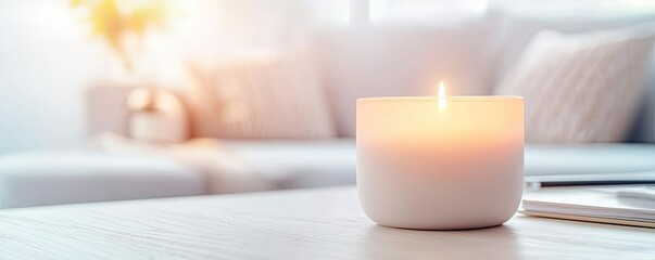 Poster - Spa inspired design minimalist concept. A peaceful living room scene featuring a lit candle on a wooden table.