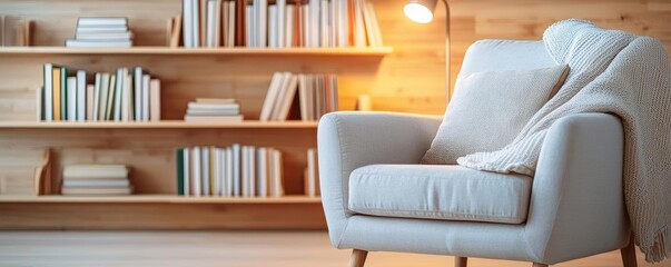 Aufkleber - Minimalist home idea. Cozy living room with a comfortable chair and a bookshelf filled with books.