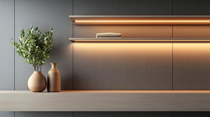 Poster - Minimalist home idea. Modern shelf decor with vase, plant, and soft lighting for a stylish interior ambiance.