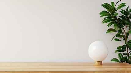 Aufkleber - Wellness home minimalist idea. A modern lamp on a wooden table with a green plant, enhancing minimalistic decor.