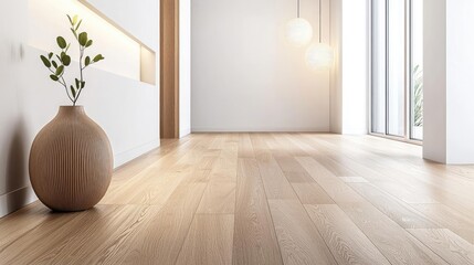 Aufkleber - Minimalist home idea. Bright, modern room with wooden floor and stylish decor featuring a plant in a vase.