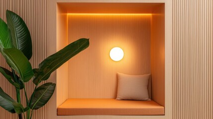 Aufkleber - Spa inspired design minimalist concept. A cozy nook with warm lighting and a plant, perfect for relaxation and comfort.