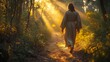 © Kseniia Felenko - A symbolic image of Jesus walking barefoot along a winding path in a quiet forest, with rays of light breaking through the trees, symbolizing the journey of faith and inner peace