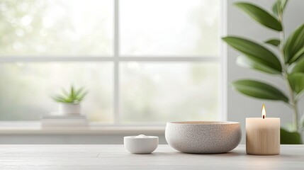 Leinwandbilder - Wellness home minimalist idea. A serene setting with candles and decorative bowls, creating a calming atmosphere.