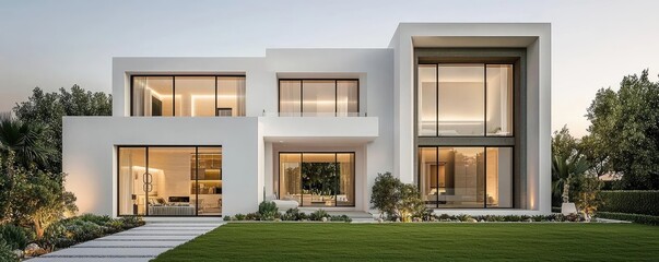 Poster - Minimalist home idea. Modern minimalist house with large windows and green surroundings.
